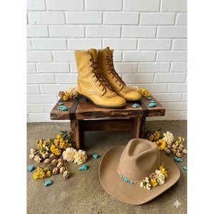Vtg USA💛Laredo Yellow Leather Lace Up Packer Boots Kiltie Fringe Western BOHO 8